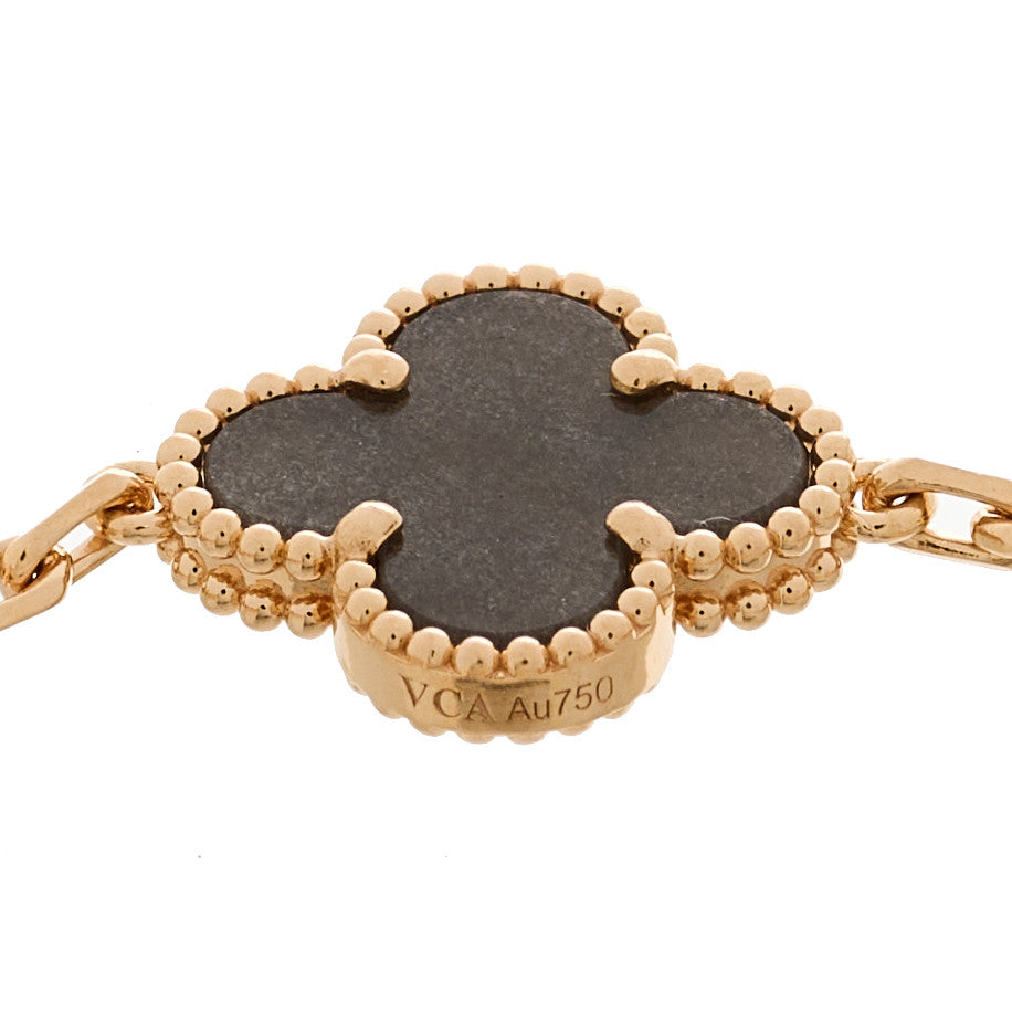 18K Rose Gold Silver Obsidian 5 Motifs Vintage Alhambra Bracelet