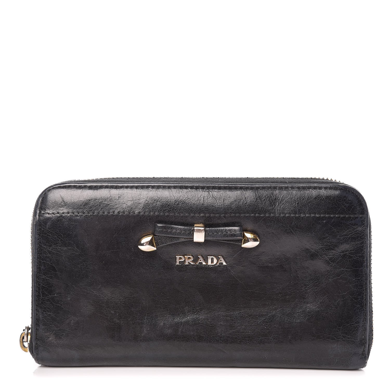 Prada Vitello Shine Bow Zip Around Wallet Black 1 of 12