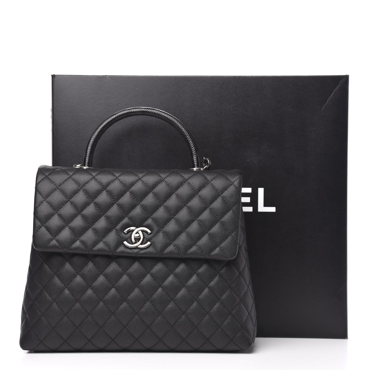 Caviar Lizard Quilted Large Coco Handle Flap Black