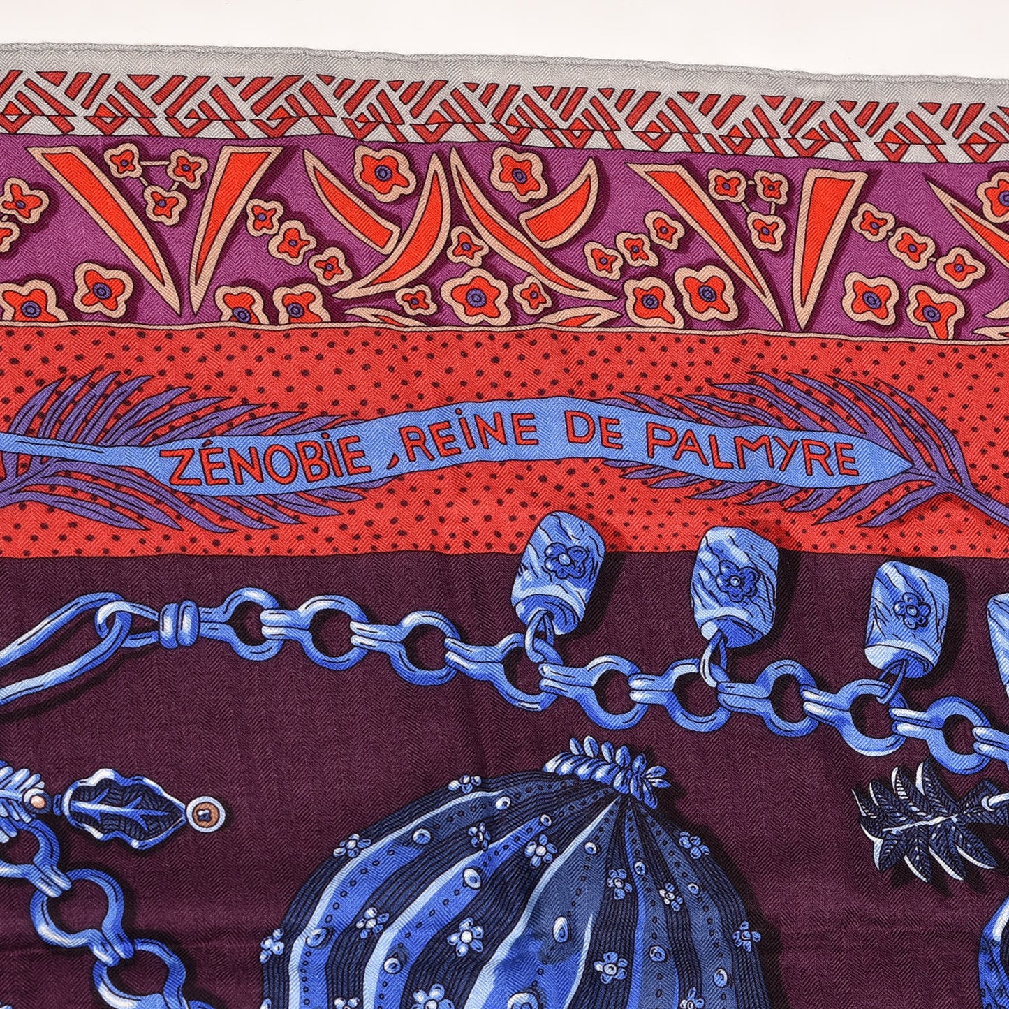 Cashmere Silk Zenobie Reine De Palmyre Shawl 140 Aubergine Bleu Dur Rouge