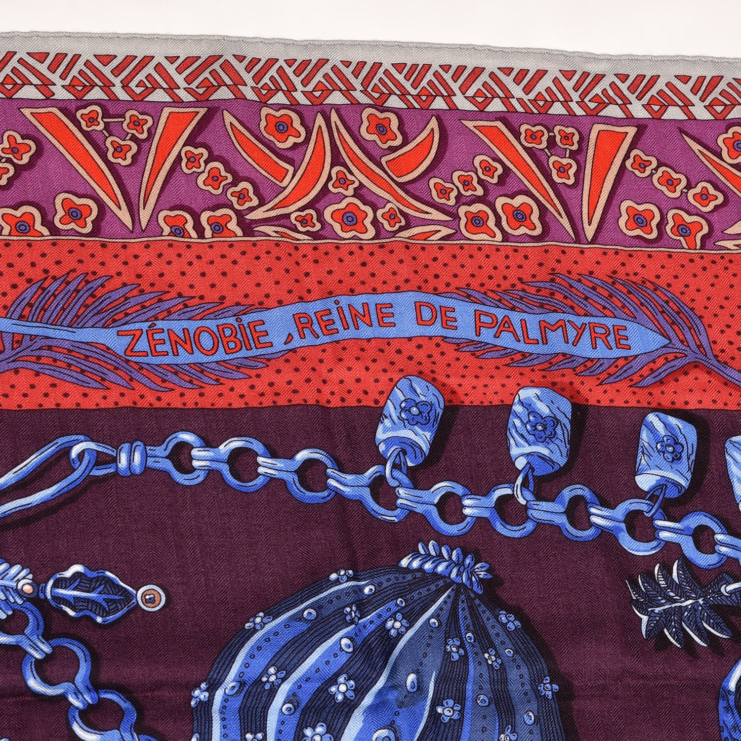 Hermes Cashmere Silk Zenobie Reine De Palmyre Shawl 140 Aubergine Bleu Dur Rouge 4 of 5