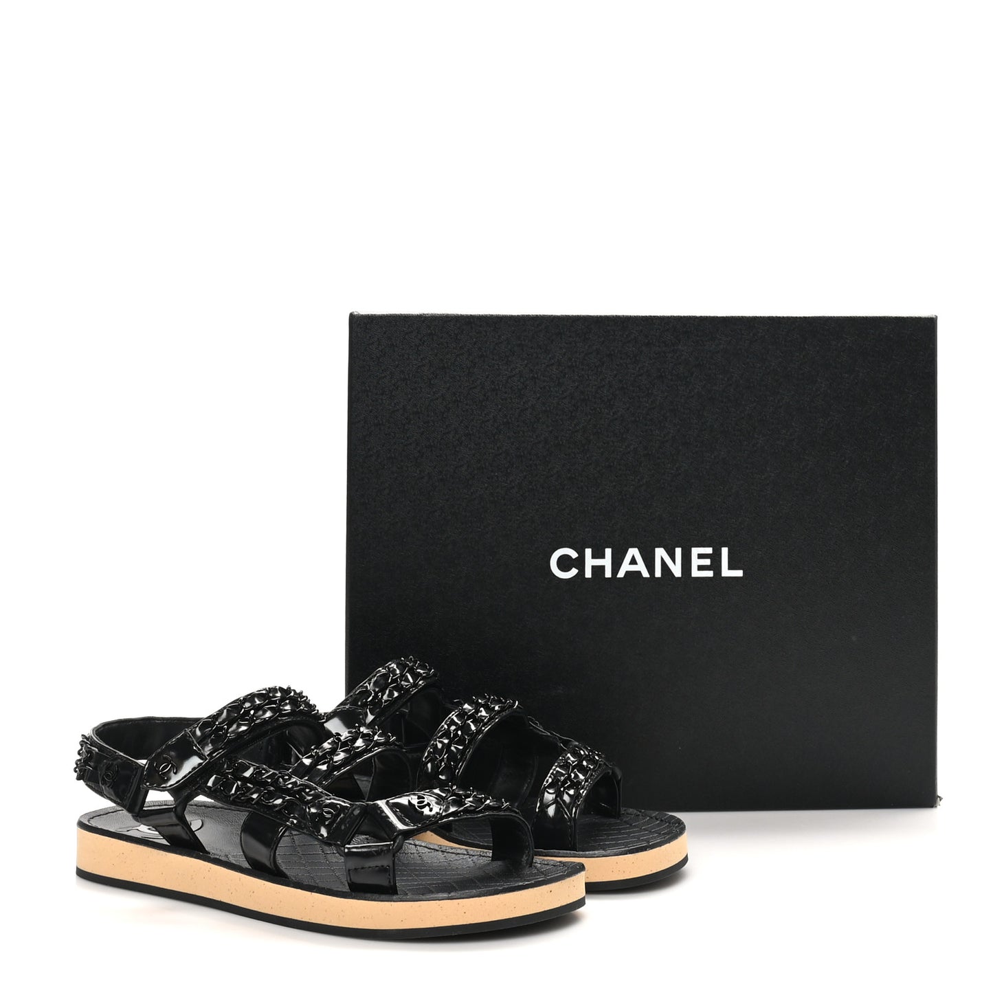 Laminated Goatskin Chain Sandals 37 Black
