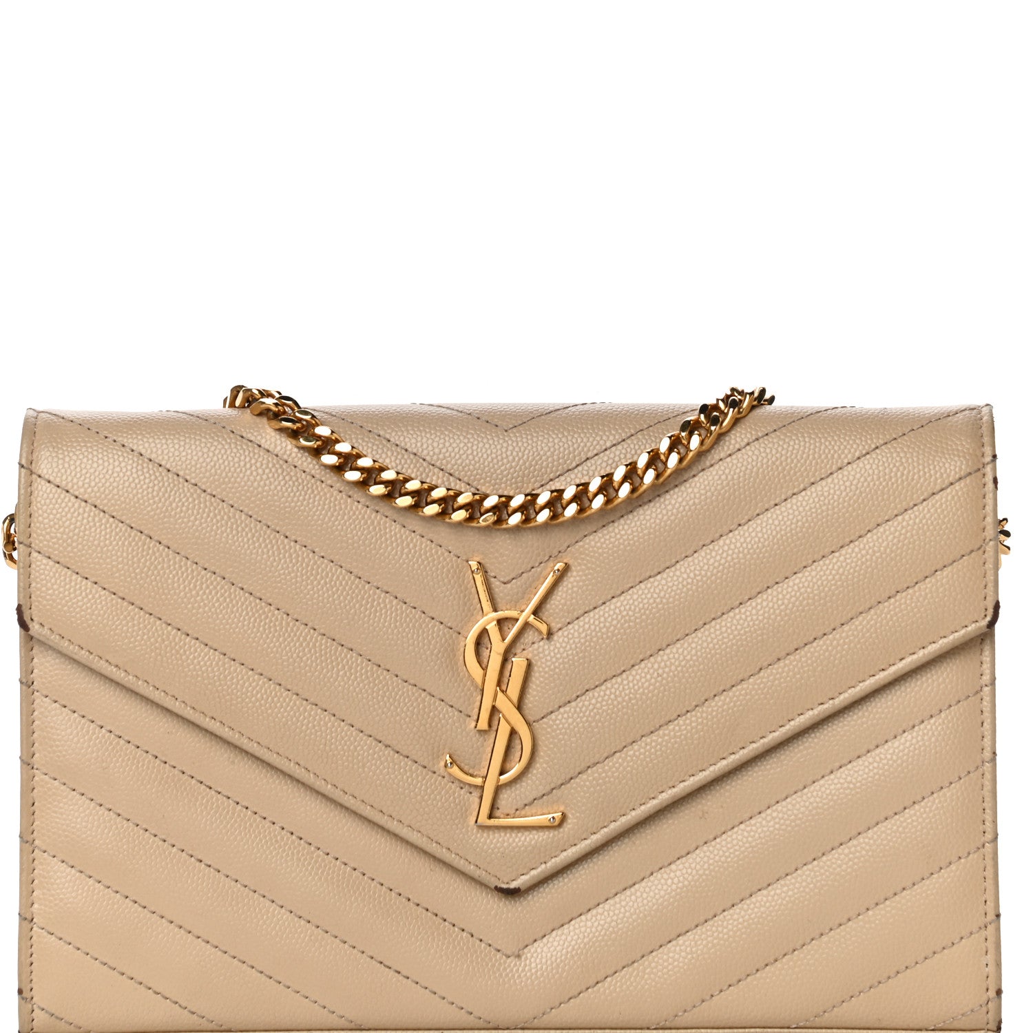Saint Laurent Grain De Poudre Matelasse Chevron Monogram Chain Wallet Dark Latte 7 of 30