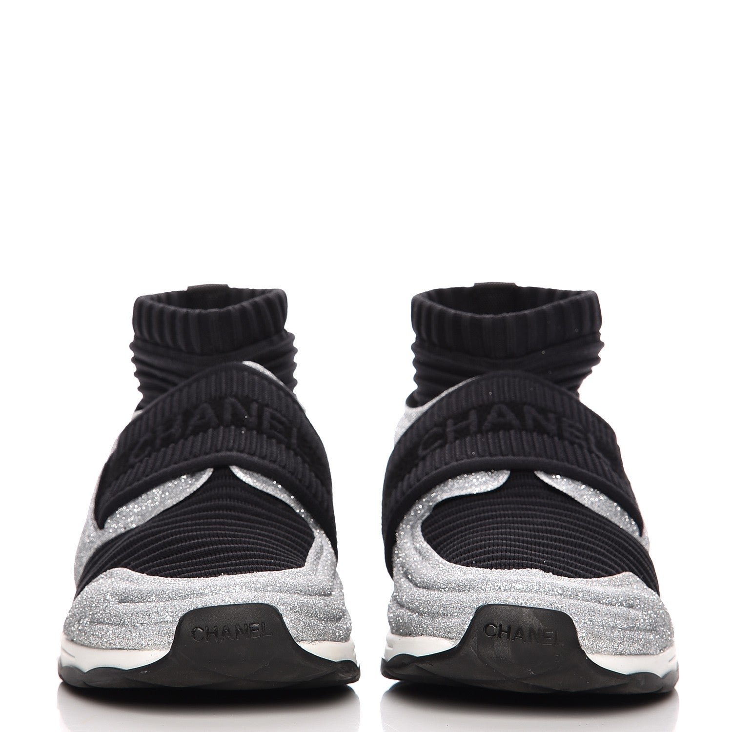 Chanel Glitter Stretch Fabric CC Sneakers 38.5 Black Silver 4 of 11