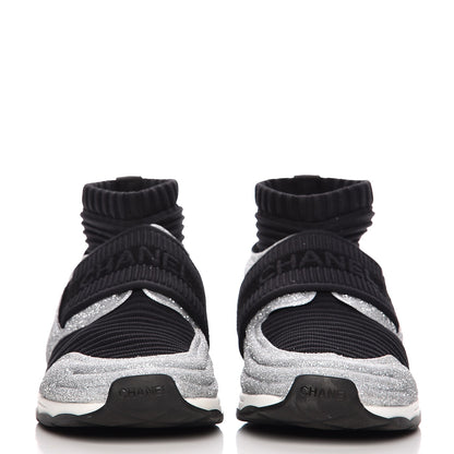 Chanel Glitter Stretch Fabric CC Sneakers 38.5 Black Silver 4 of 11