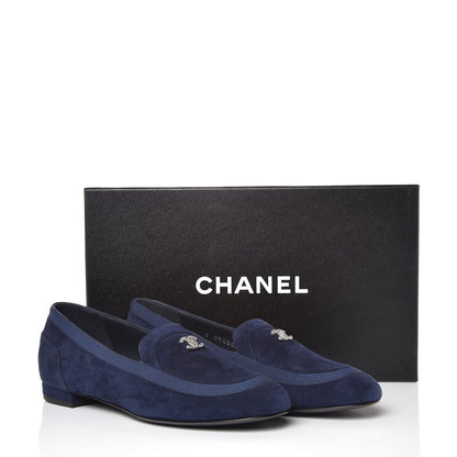 Chanel Kid Suede Grosgrain Moccasin Loafers 36.5 Navy 9 of 9