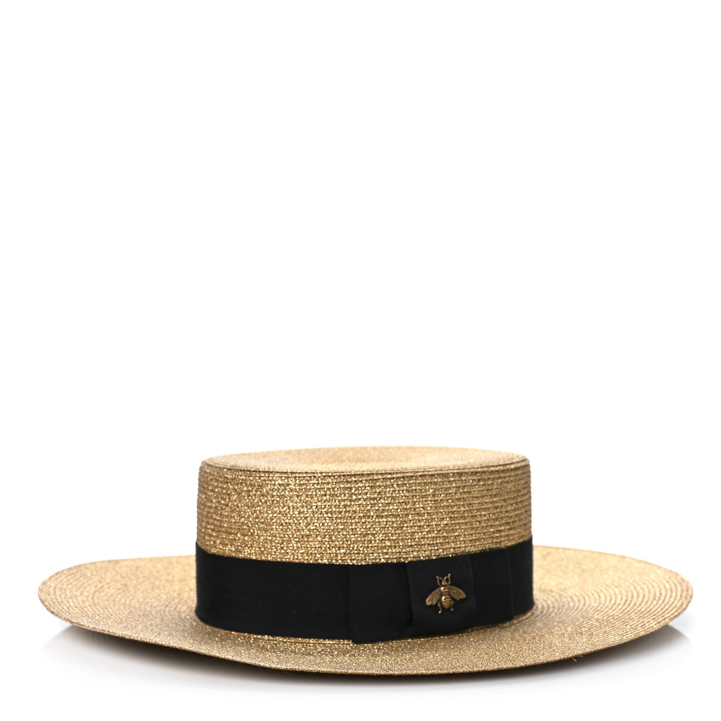 Glittered Straw Grosgrain Wide Brim Hat M Gold Black
