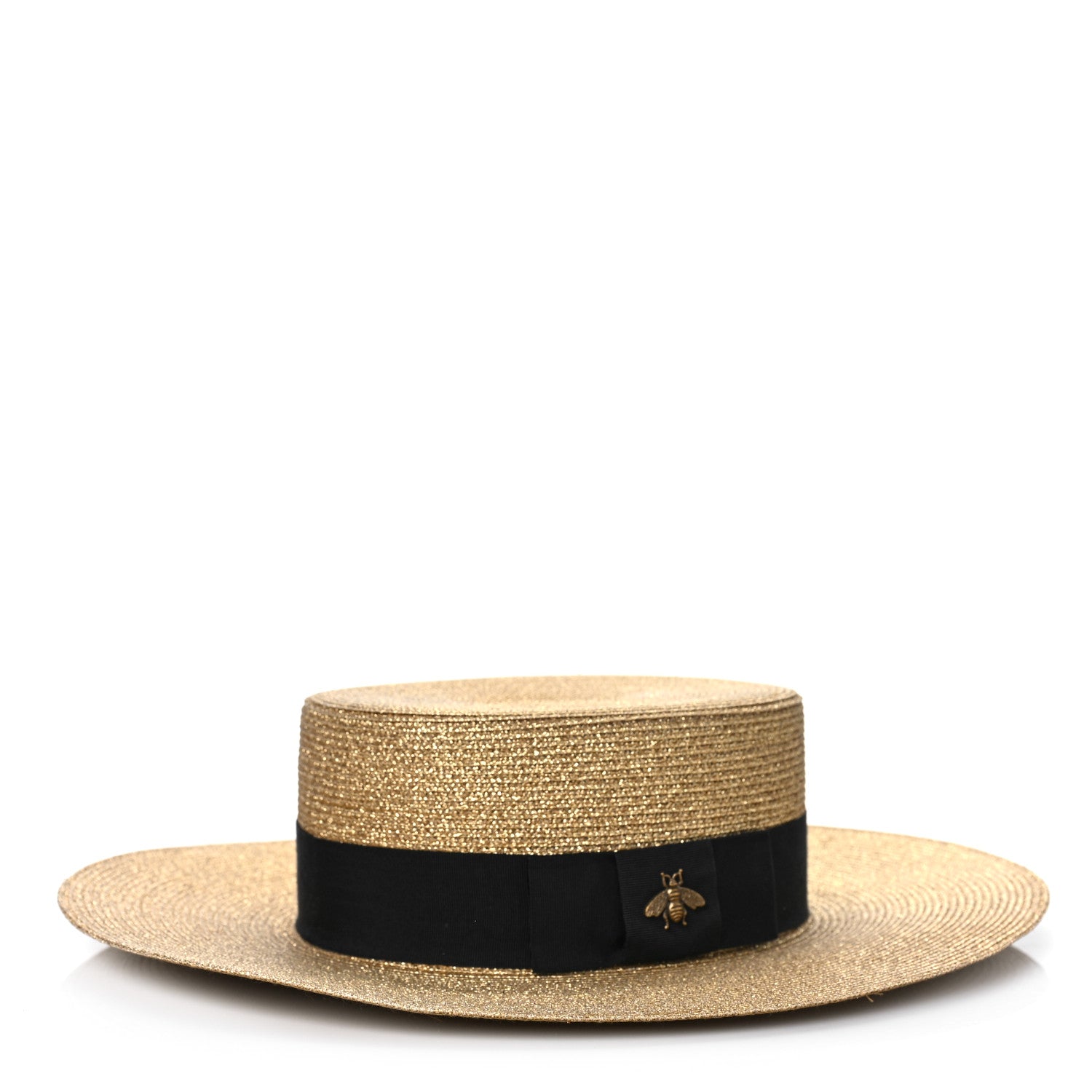 Gucci Glittered Straw Grosgrain Wide Brim Hat M Gold Black 1 of 7