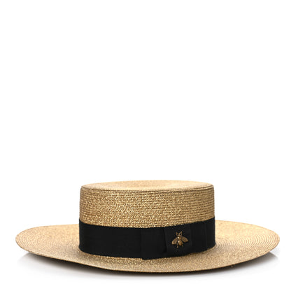 Gucci Glittered Straw Grosgrain Wide Brim Hat M Gold Black 1 of 7
