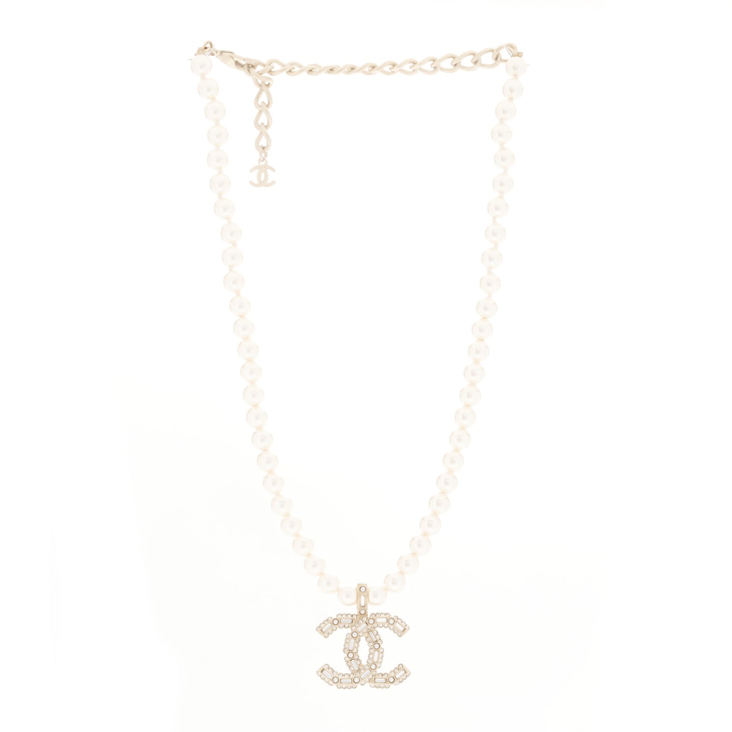 Pearl Crystal Baguette CC Short Necklace Gold