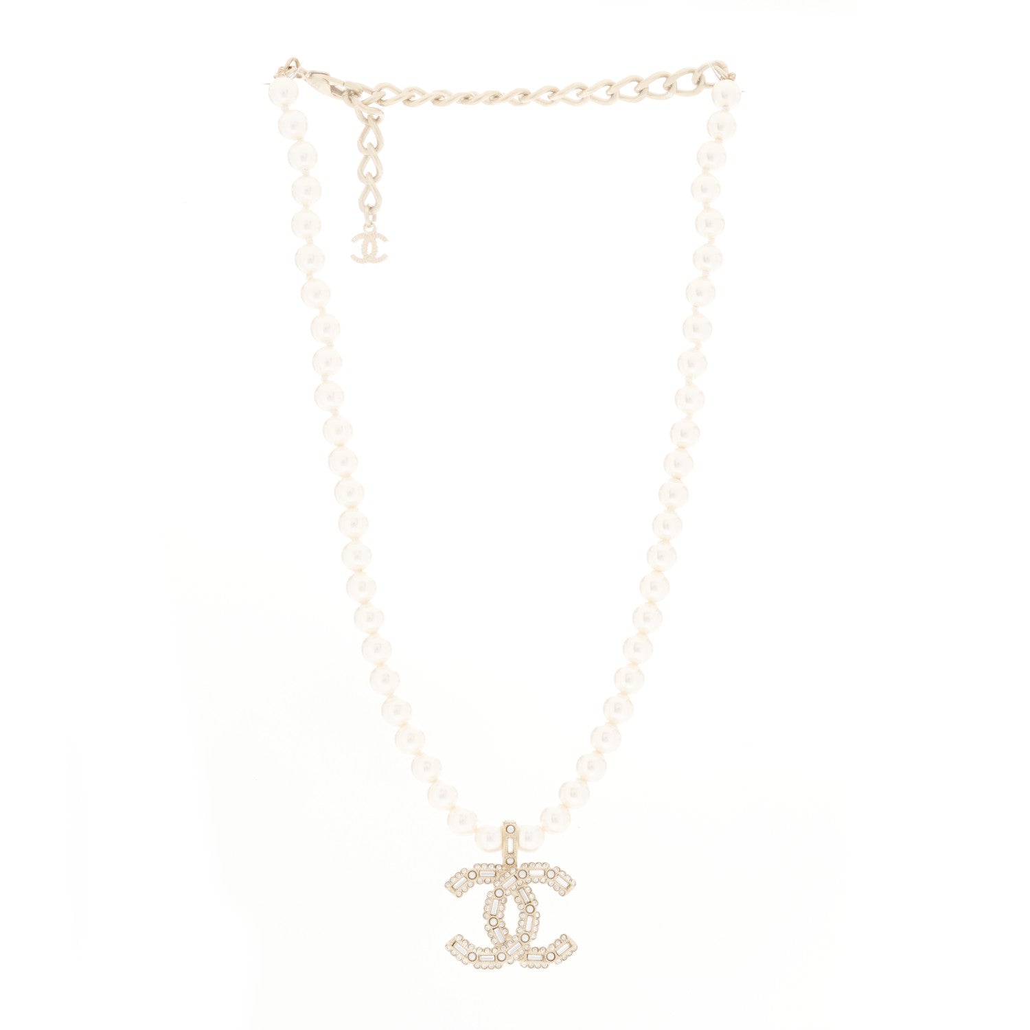 Chanel Pearl Crystal Baguette CC Short Necklace Gold 3 of 6