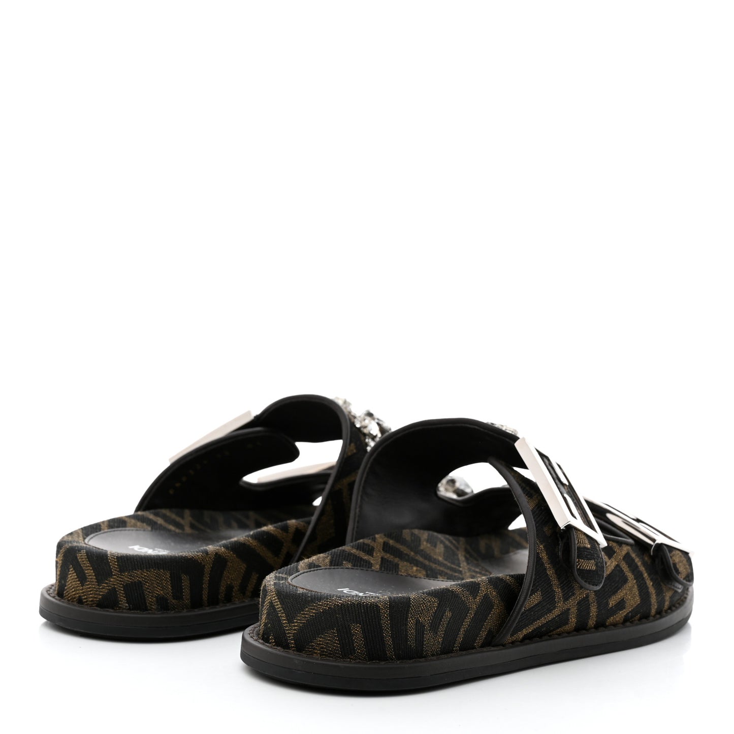Fabric Jacquard Crystal FF Womens Fendi Feel Buckled Slide Sandals 38 Tobacco Black