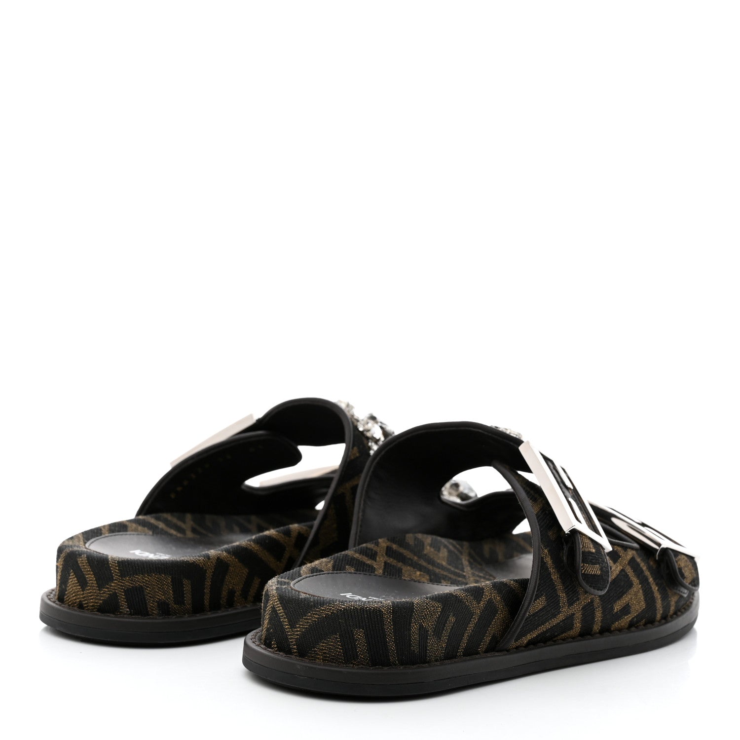 Fendi Fabric Jacquard Crystal FF Womens Fendi Feel Buckled Slide Sandals 38 Tobacco Black 4 of 9