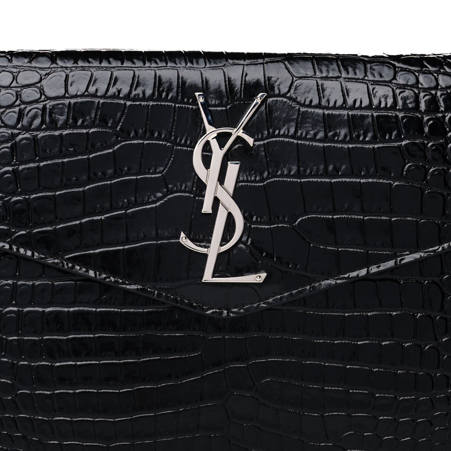 Saint Laurent Calfskin Crocodile Embossed Uptown Monogram Clutch Black 7 of 7
