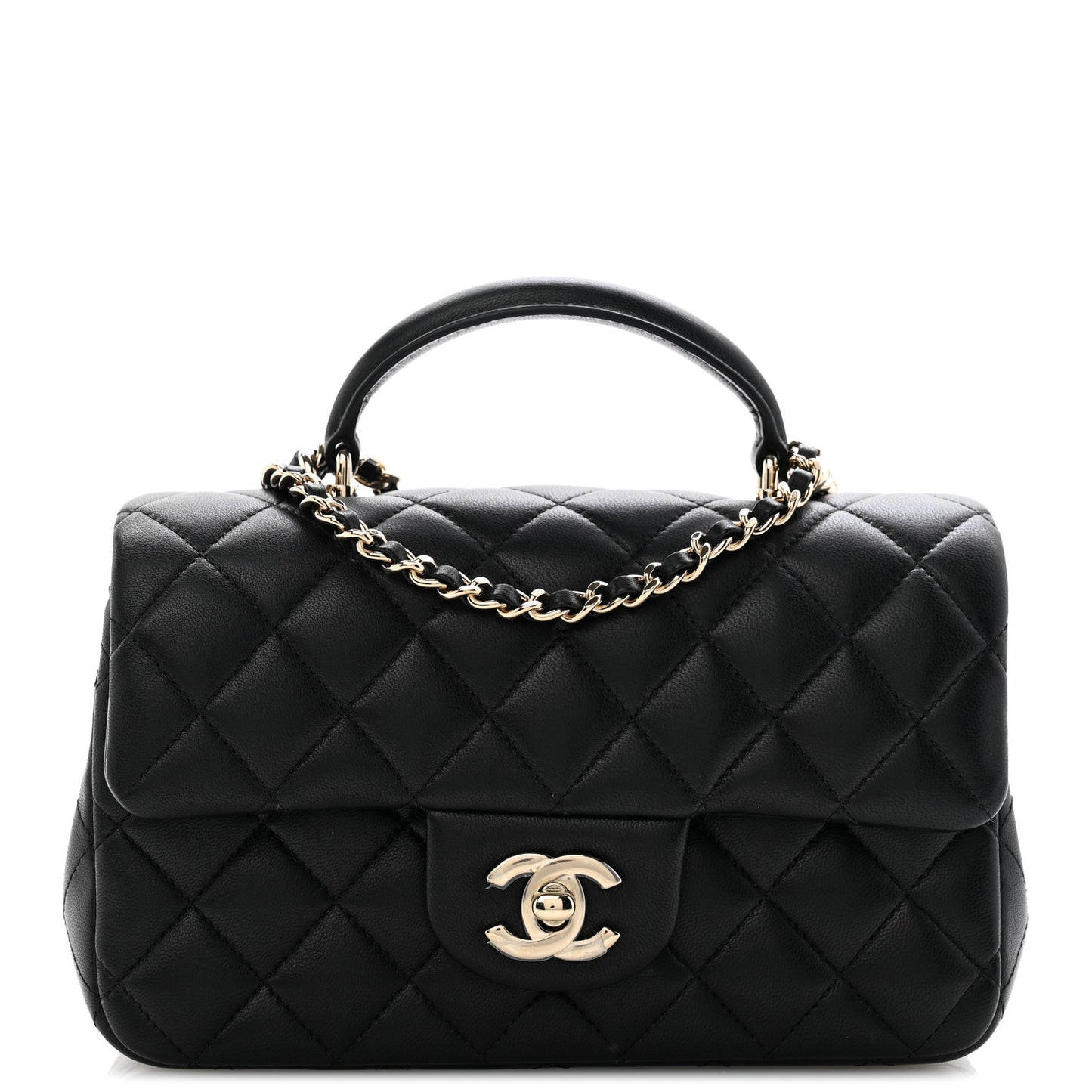 Lambskin Quilted Mini Top Handle Rectangular Flap Black