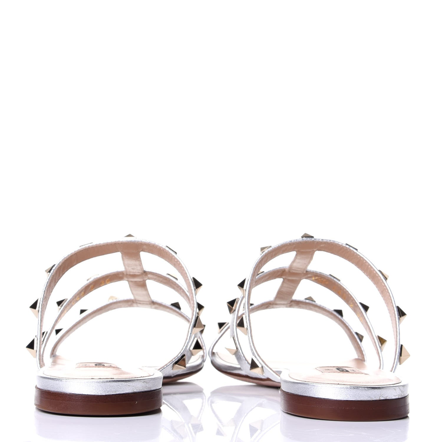 Valentino Garavani Metallic Pebbled Calfskin Rockstud Caged Flat Slide Sandals 38 Silver 3 of 5