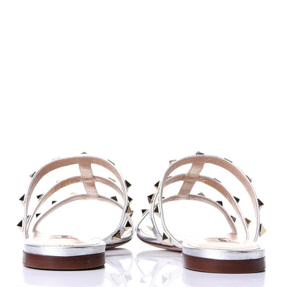 Valentino Garavani Metallic Pebbled Calfskin Rockstud Caged Flat Slide Sandals 38 Silver 3 of 5