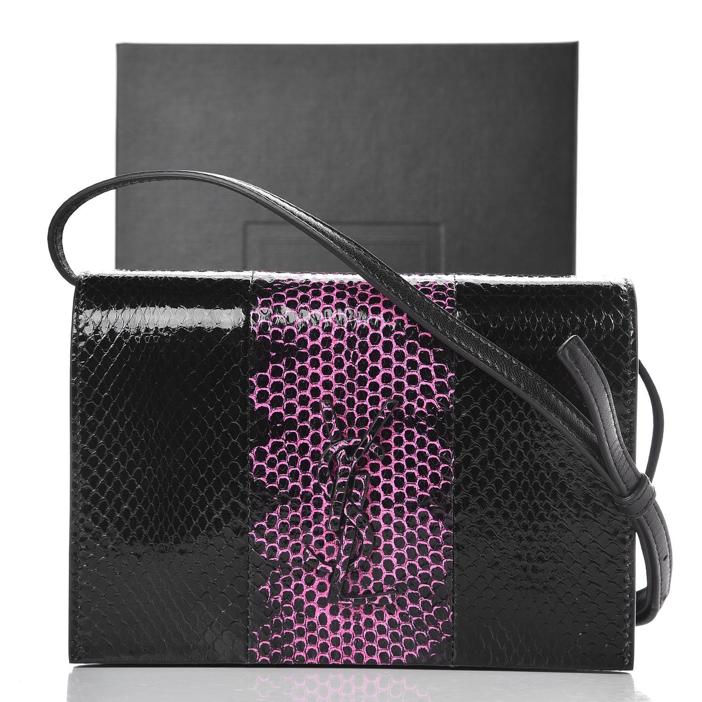 Snakeskin Two Tone Monogram Toy Kate Strap Wallet Black Fuchsia