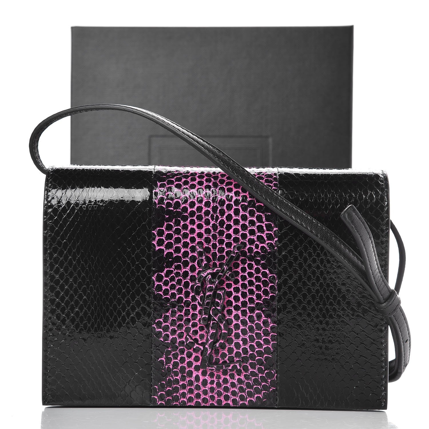 Saint Laurent Snakeskin Two Tone Monogram Toy Kate Strap Wallet Black Fuchsia 7 of 7