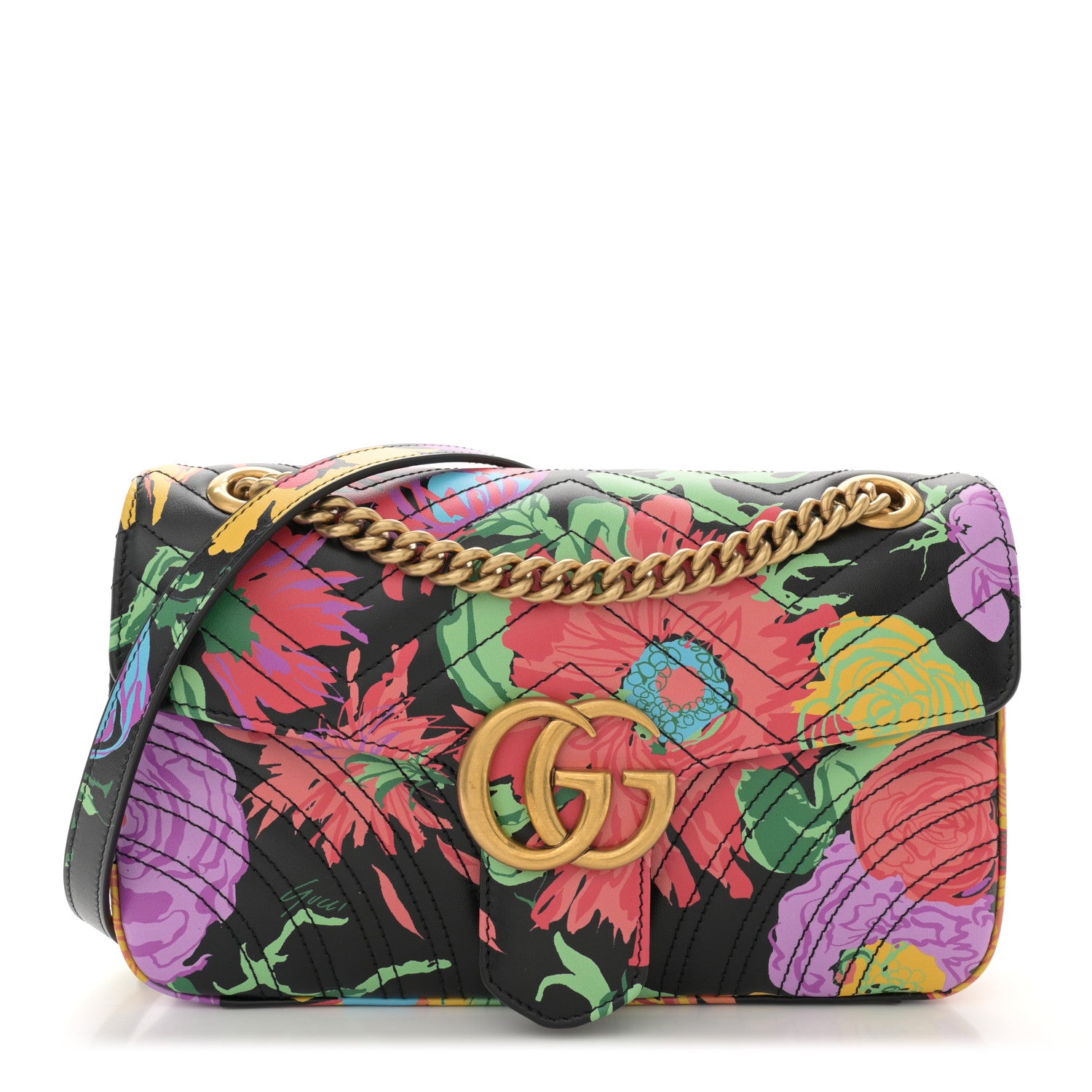 Gucci X KEN SCOTT Calfskin Matelasse Floral Small GG Marmont Shoulder Bag Black 1 of 11