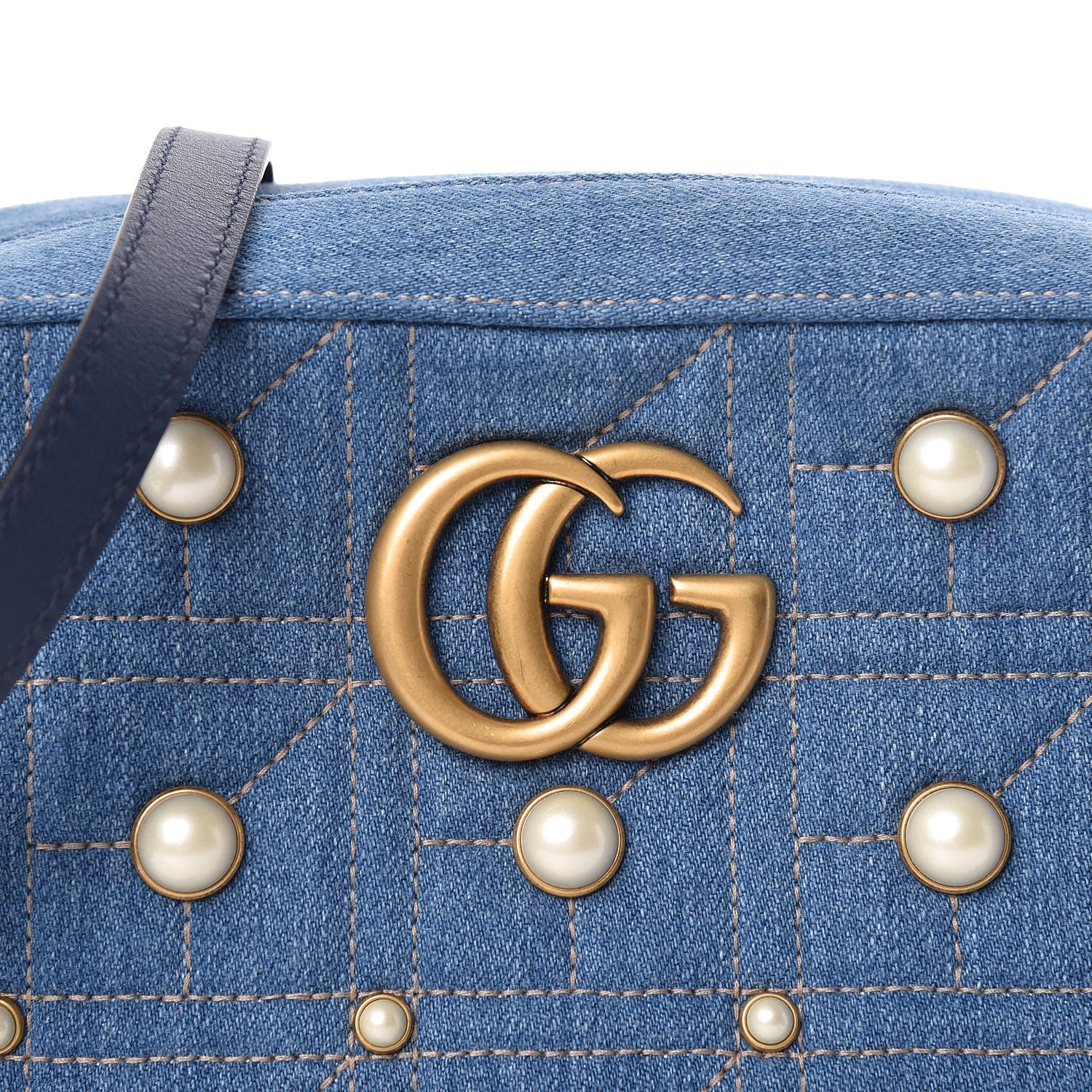 Gucci Denim Matelasse Pearl Studded Small GG Marmont Chain Shoulder Bag Blue 9 of 9
