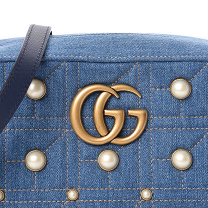 Gucci Denim Matelasse Pearl Studded Small GG Marmont Chain Shoulder Bag Blue 9 of 9