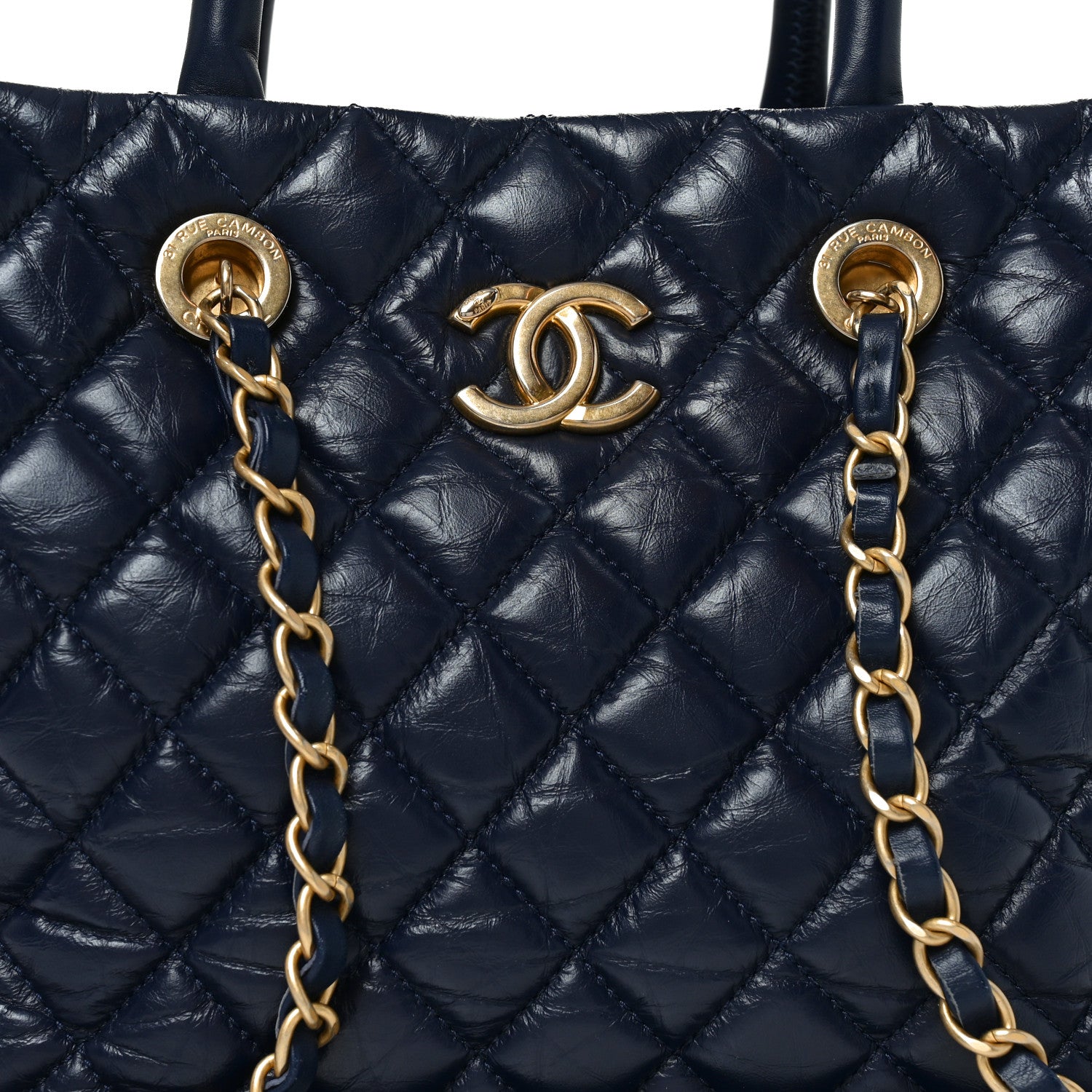 Chanel Aged Calfskin Quilted Medium Coco Handle Shopping Tote Navy