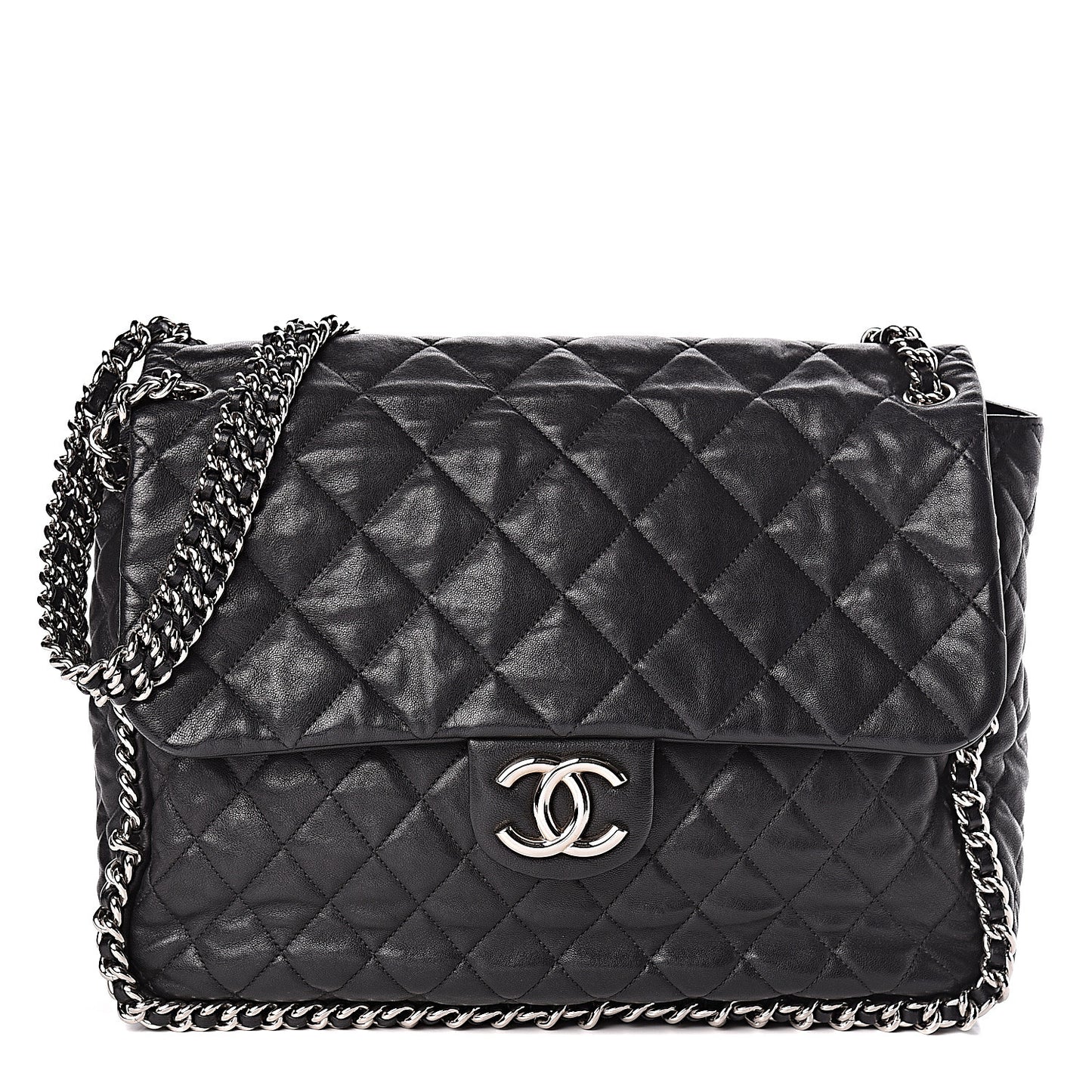 Washed Lambskin Quilted Maxi Chain Around Flap Black
