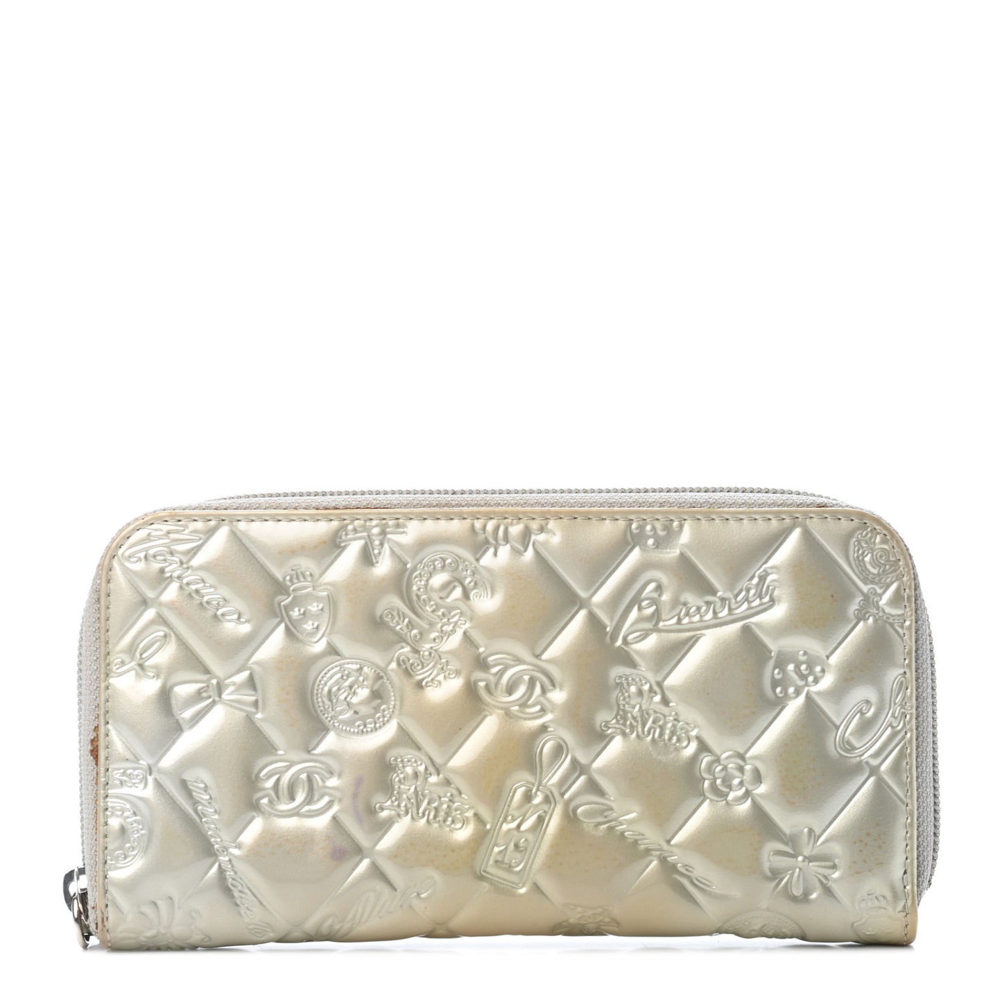 Patent Calfskin Lucky Symbols Zip Around Wallet Silver