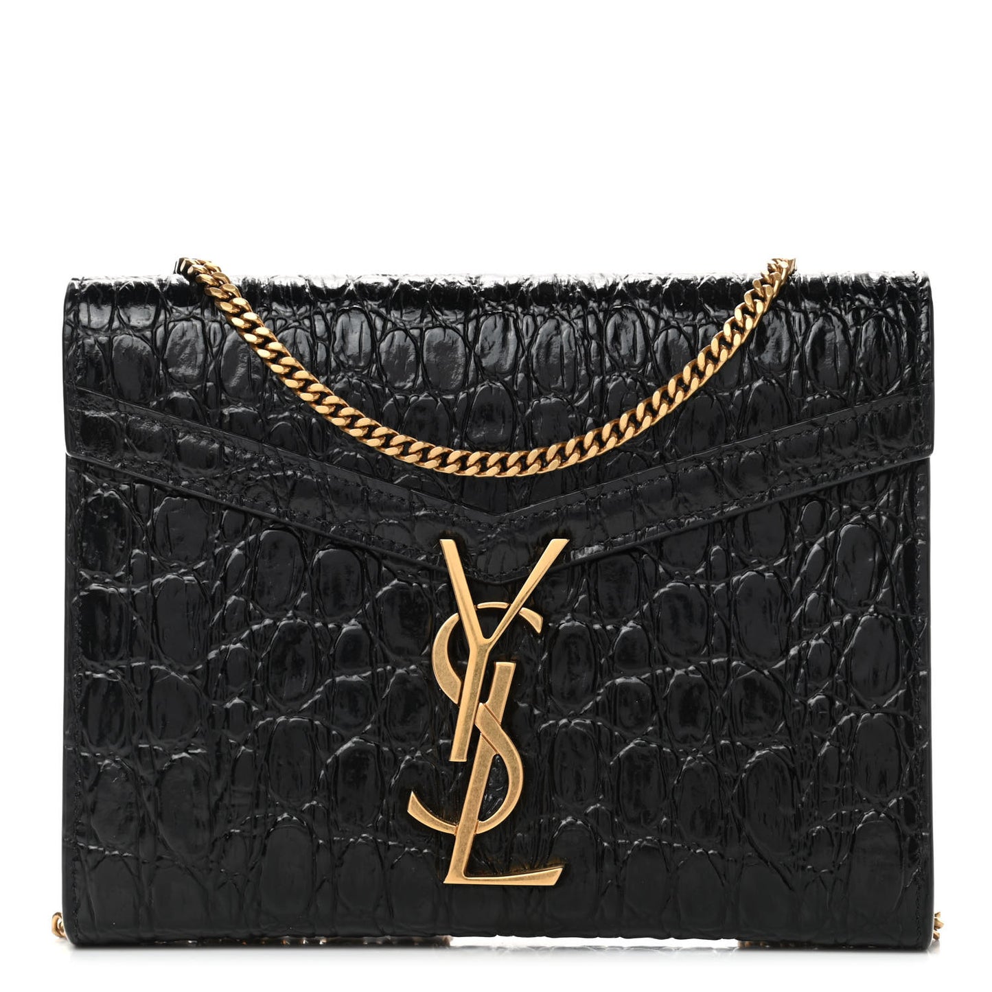 Calfskin Crocodile Embossed Monogram Cassandra Chain Wallet Black