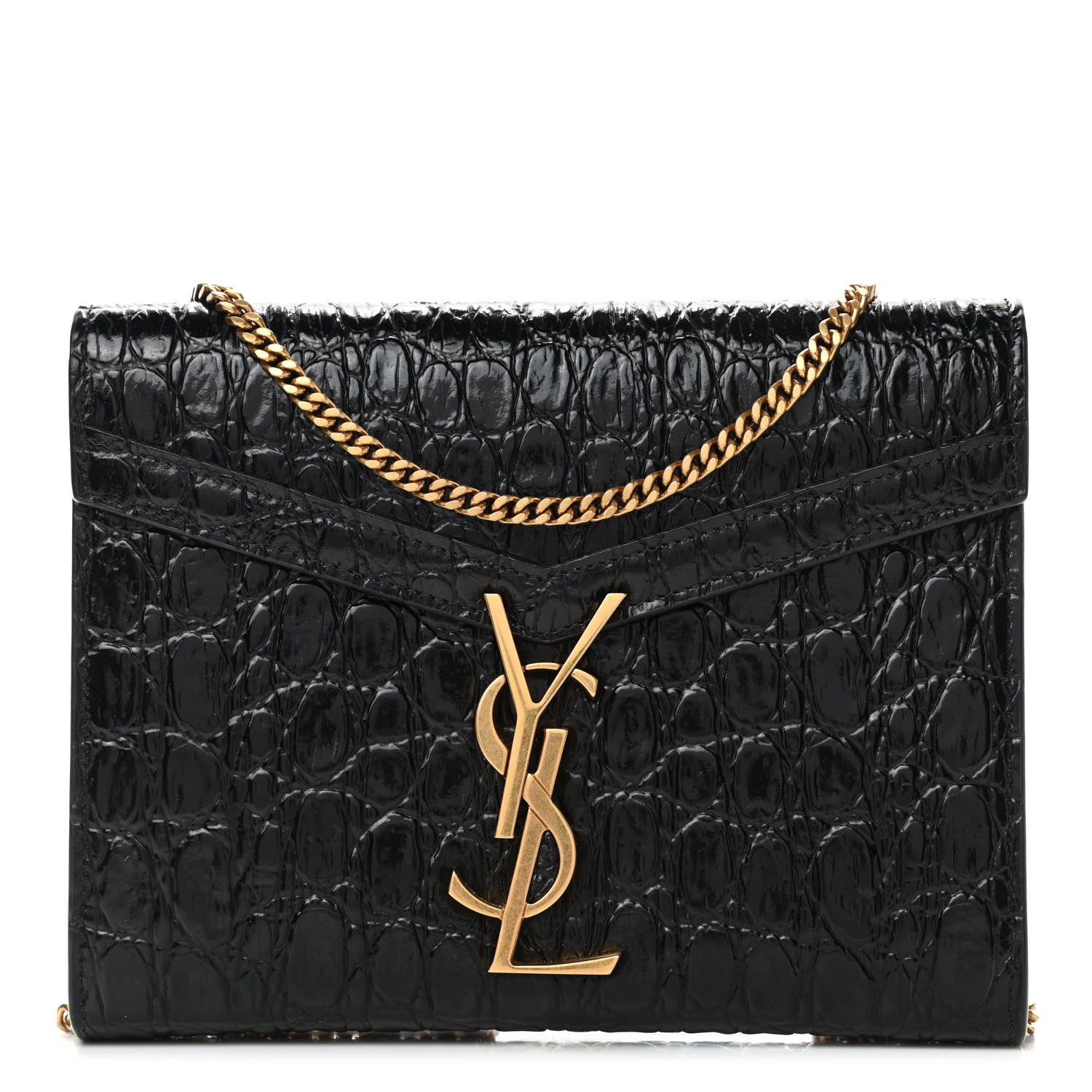 Saint Laurent Calfskin Crocodile Embossed Monogram Cassandra Chain Wallet Black 1 of 4