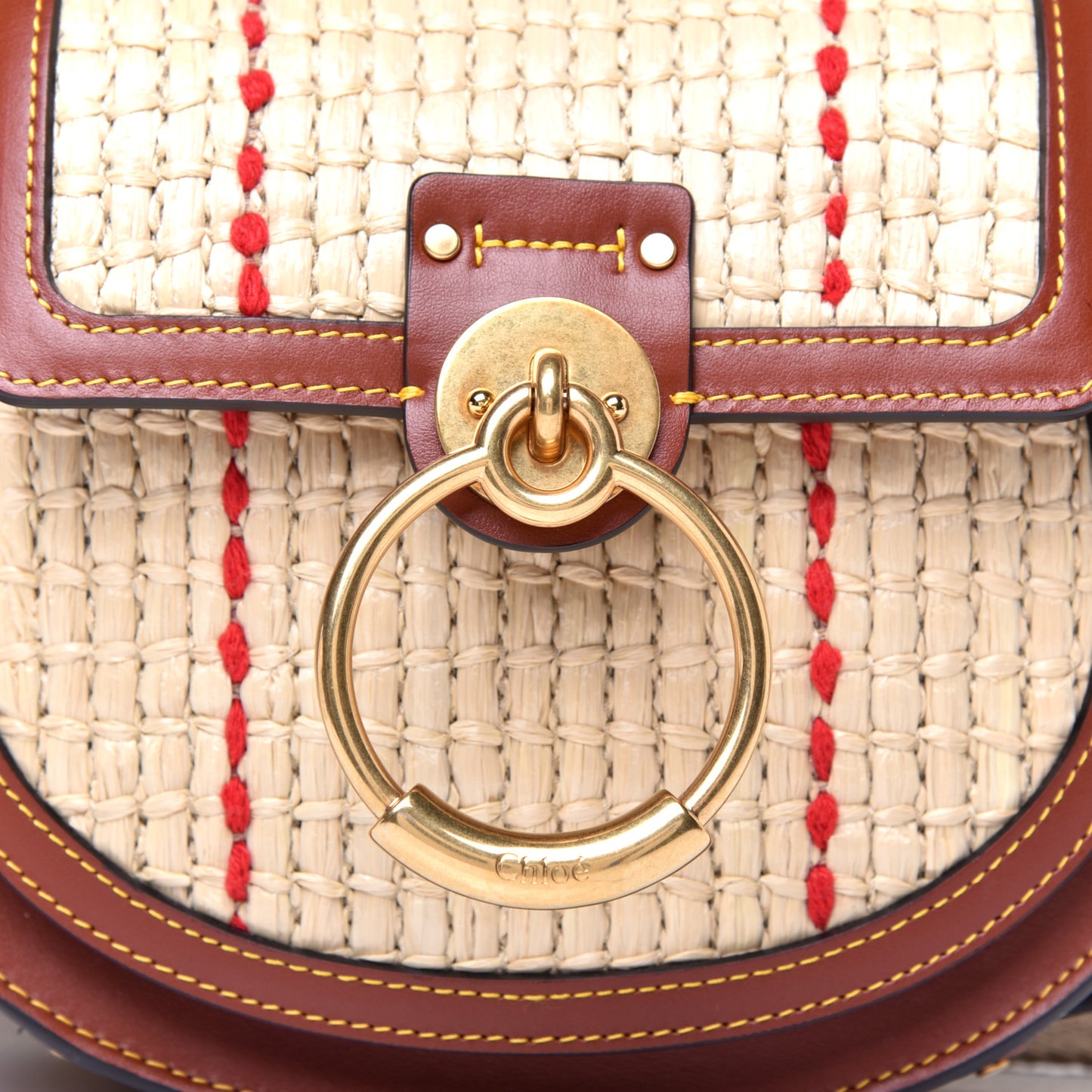 Calfskin Raffia Embroidered Small Tess Bag Sepia Brown