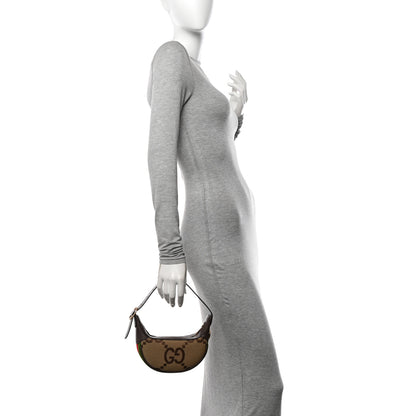 Gucci Monogram Jumbo GG Textured Dollar Calfskin Web Mini Ophidia Half Moon Hobo Camel Ebony New Acero 2 of 12