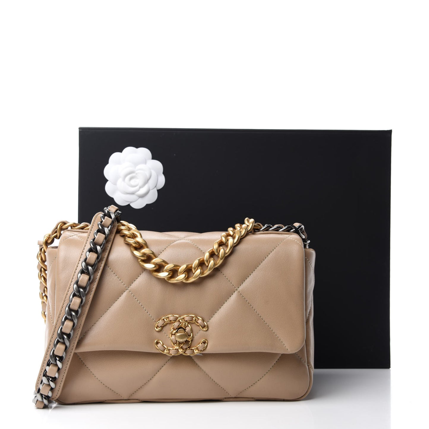 Lambskin Quilted Medium Chanel 19 Flap Dark Beige