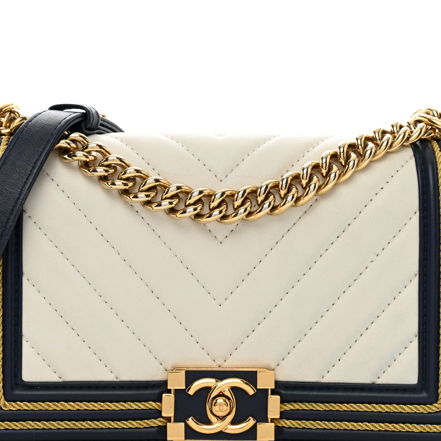 Chanel Calfskin Chevron Quilted Braided Medium Boy Flap White Navy 5 of 10