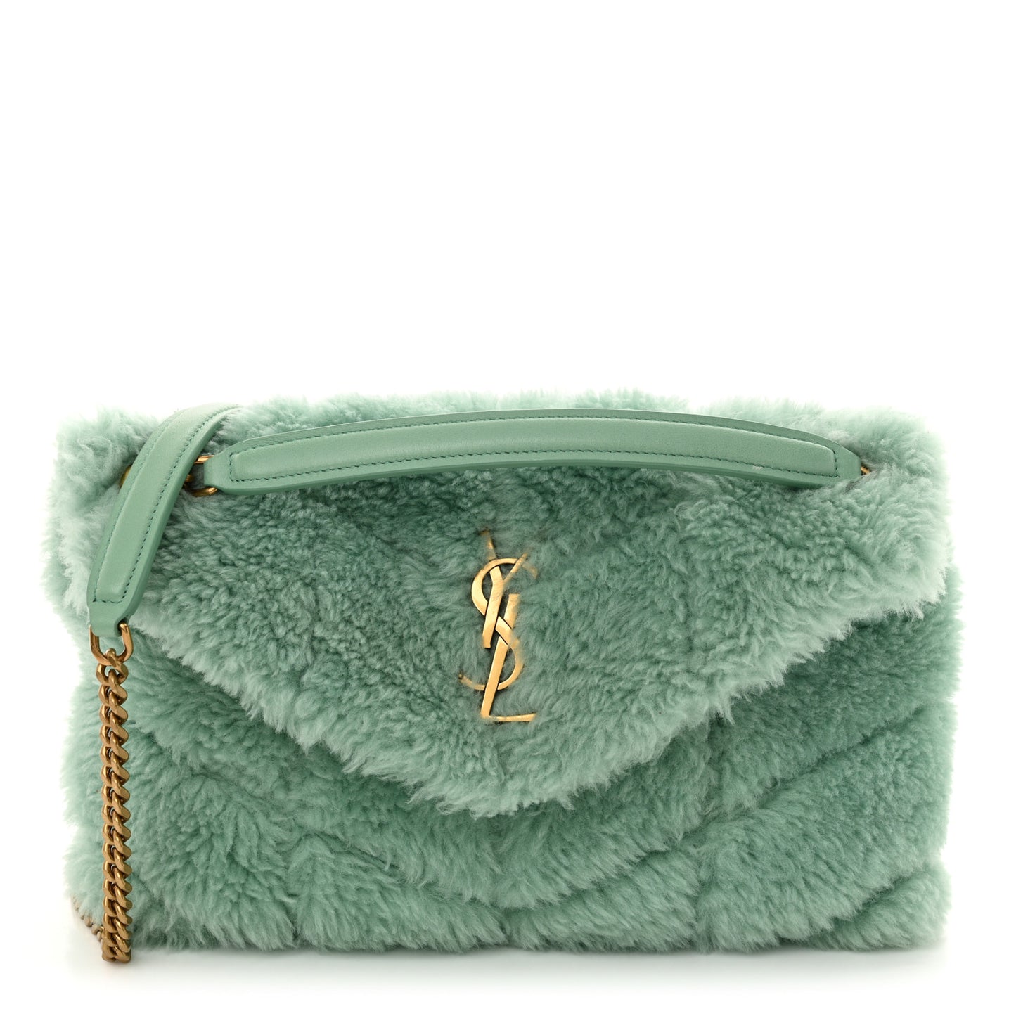 Merino Shearling Lambskin Quilted Small Loulou Puffer Monogram Chain Satchel Iced Mint