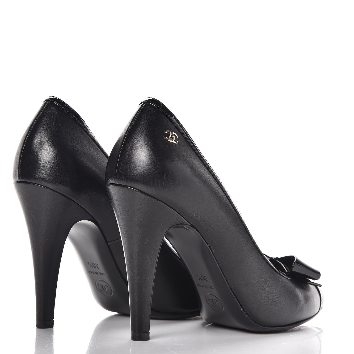 Chanel Lambskin Patent Bow Cap Toe Pumps 36.5 Black 4 of 12