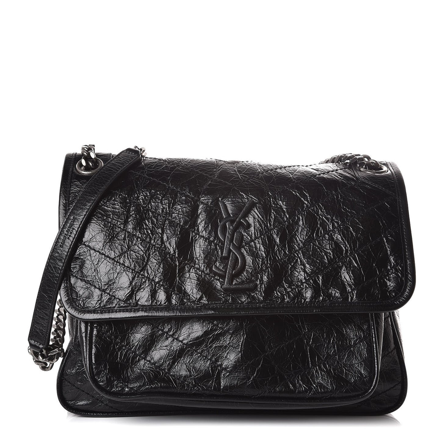 Crinkled Calfskin Matelasse Monogram Medium Niki Chain Satchel Black