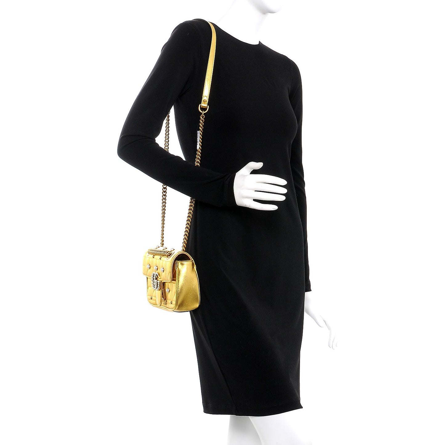 Metallic Calfskin Matelasse Studded Mini Pearly GG Marmont Shoulder Bag Gold