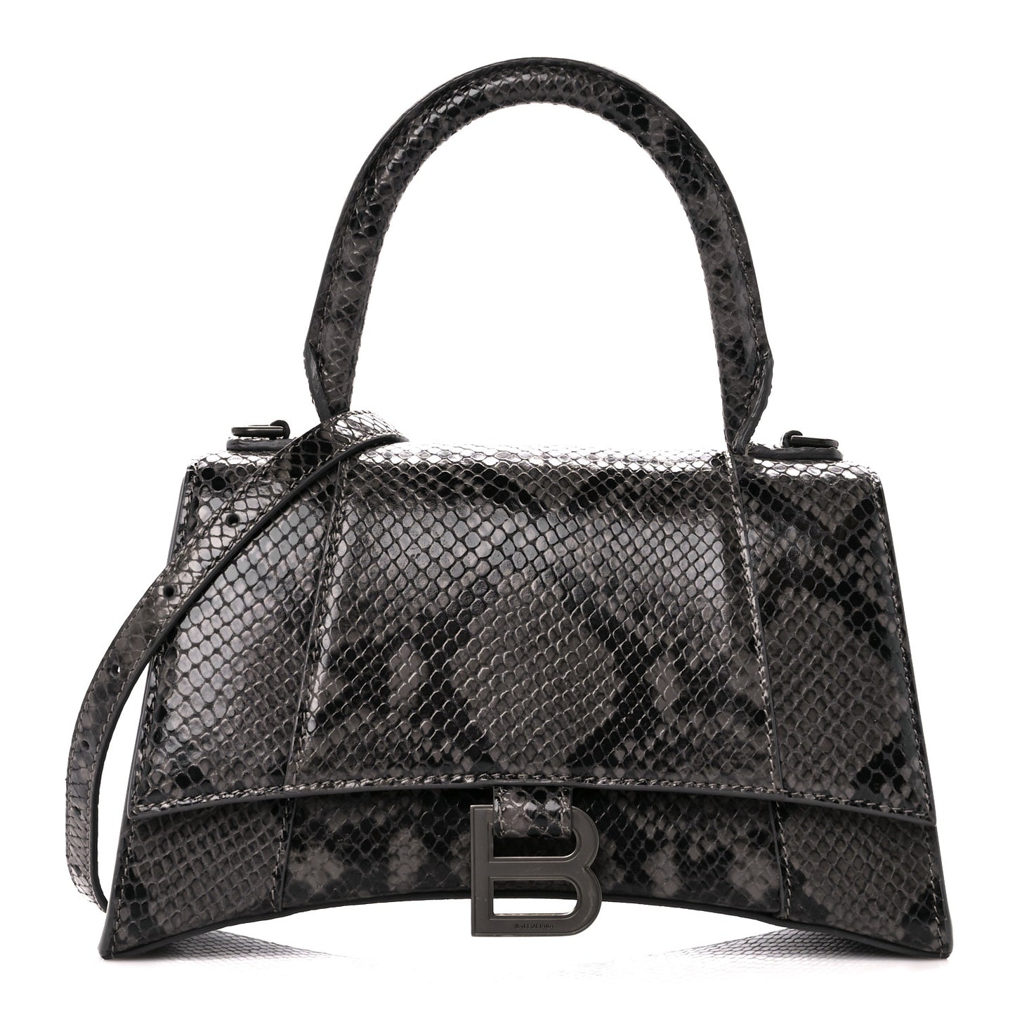Shiny Calfskin Python Effect Small Hourglass Top Handle Bag Dark Grey Black