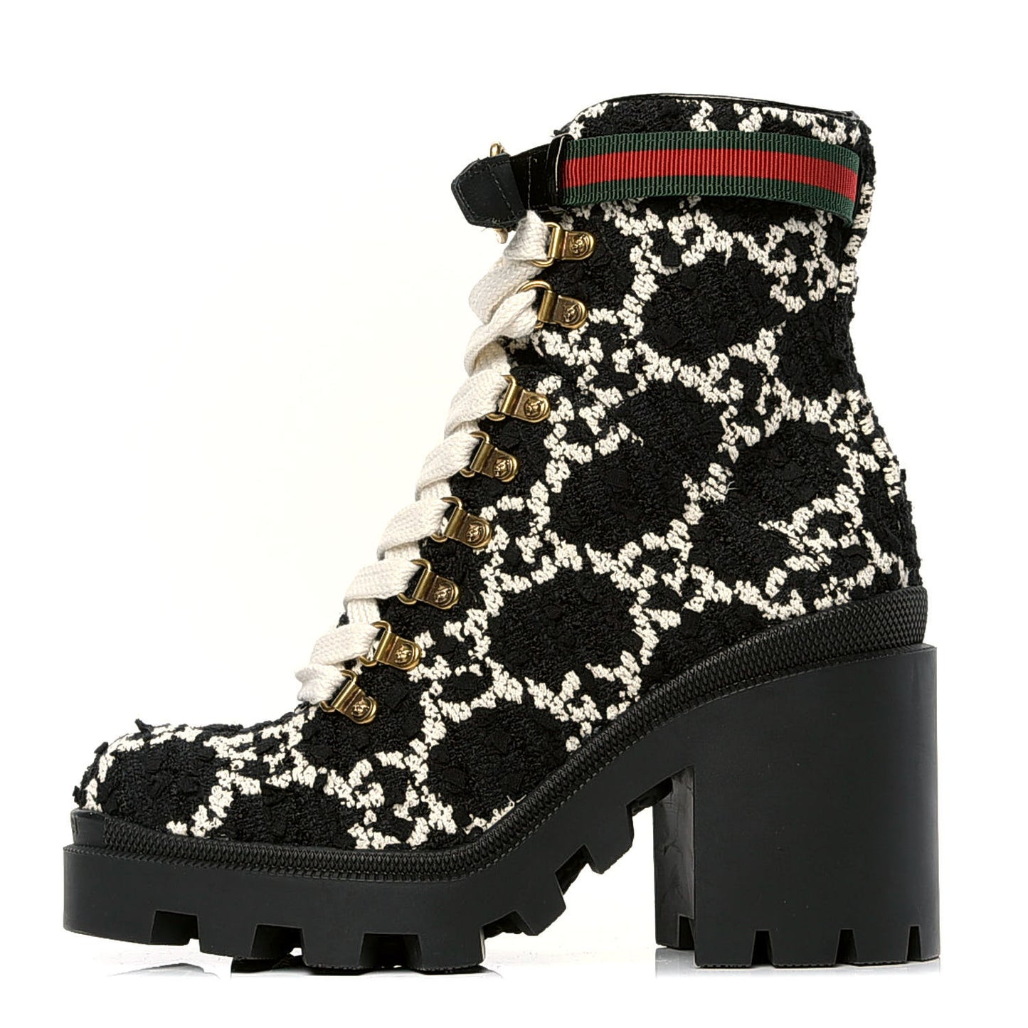 Tweed GG Lace Up Combat Ankle Boots 38 Black