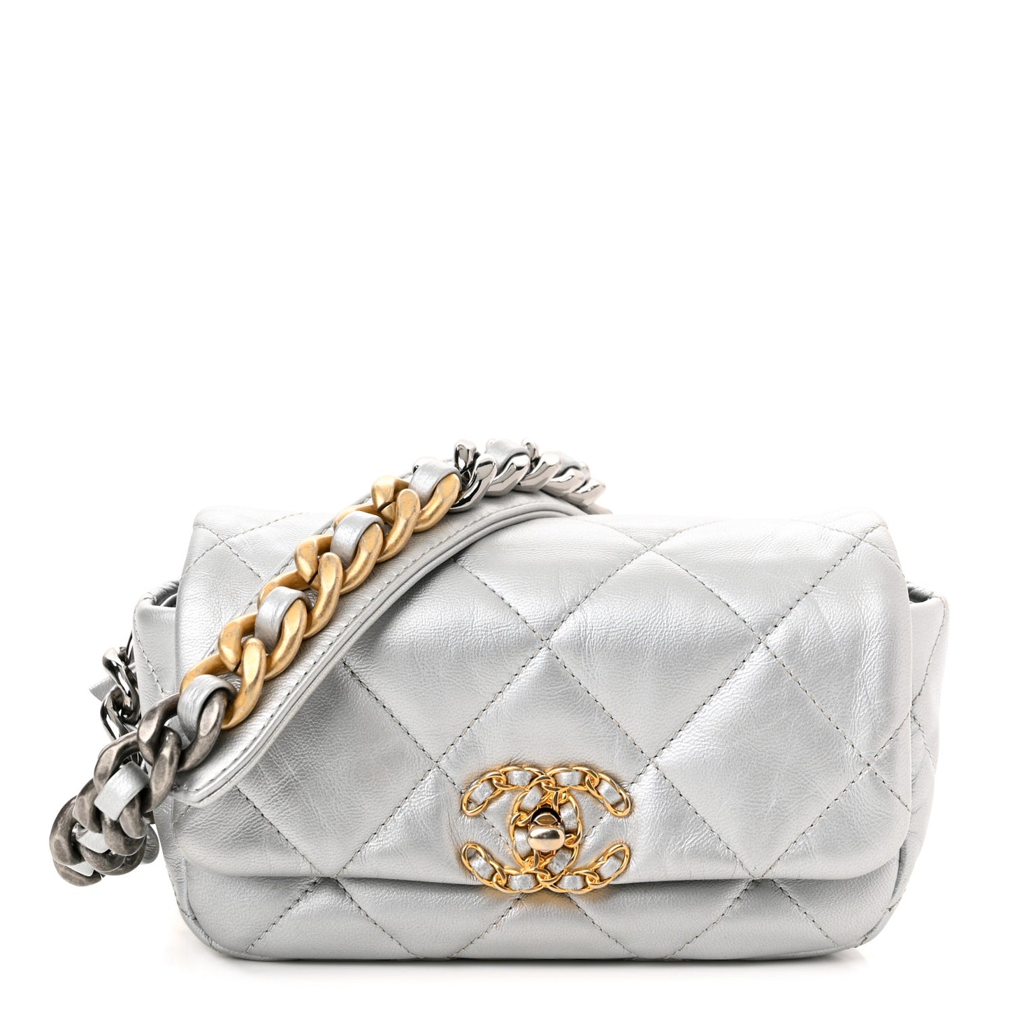 Metallic Goatskin Quilted Chanel 19 Waist Bag Silver
