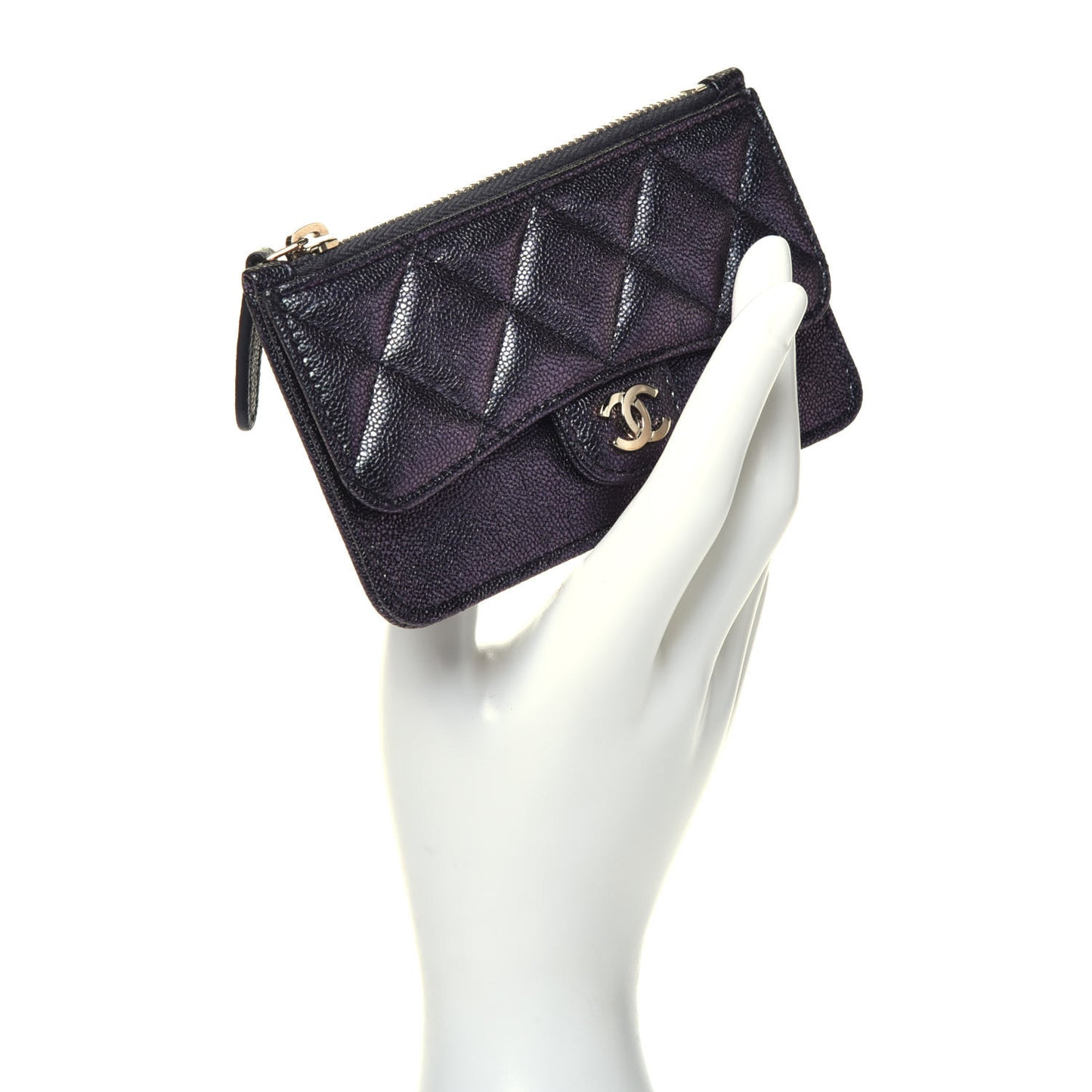 Iridescent Caviar Quilted Flap Zip Card Holder Black