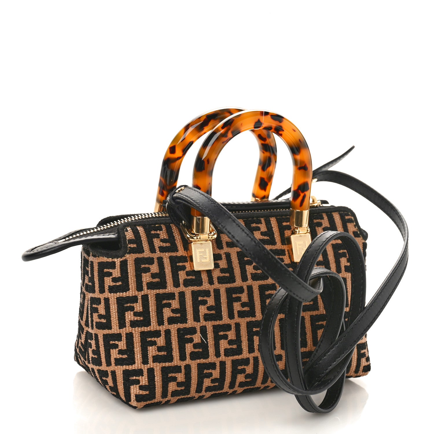 Fendi Raffia Chenille Vitello King Plexiglass Micro FF Mini By The Way Top Handle Boston Bag Naturale Black 3 of 8