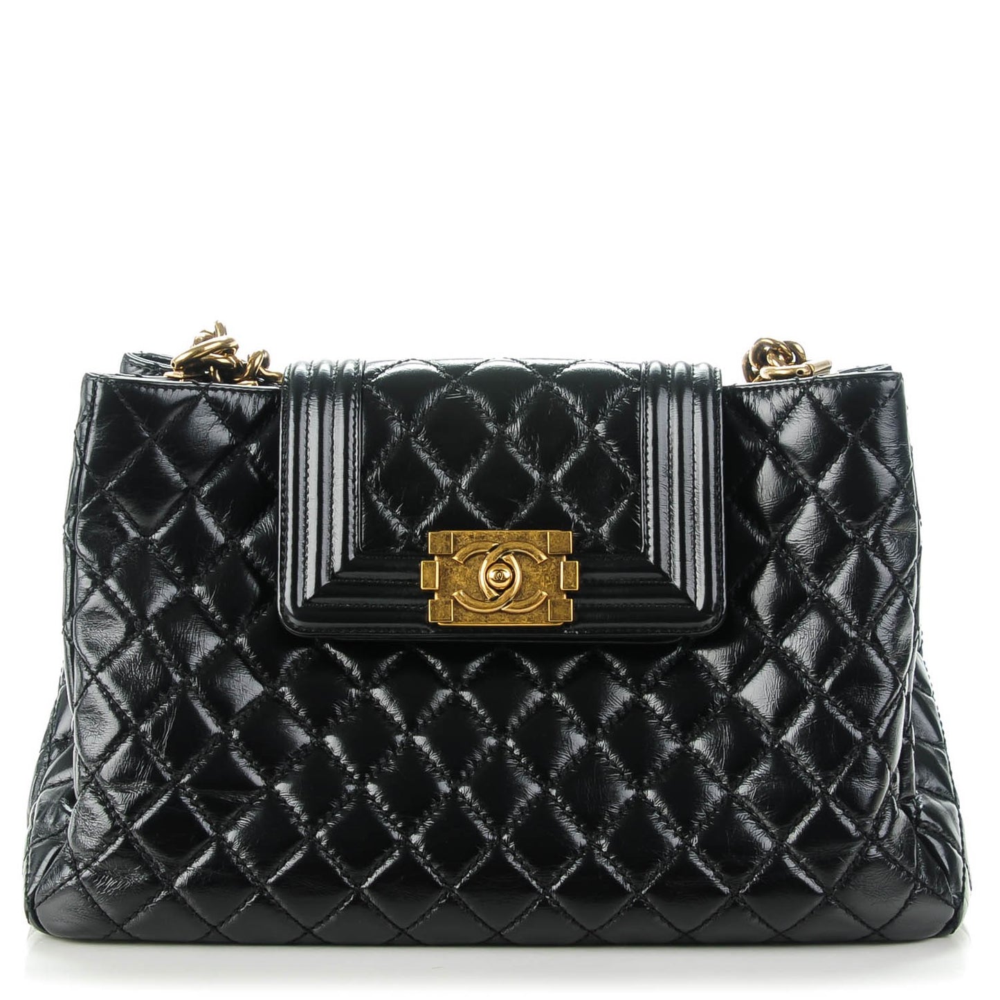 Glazed Calfskin Quilted Boy Tote Black