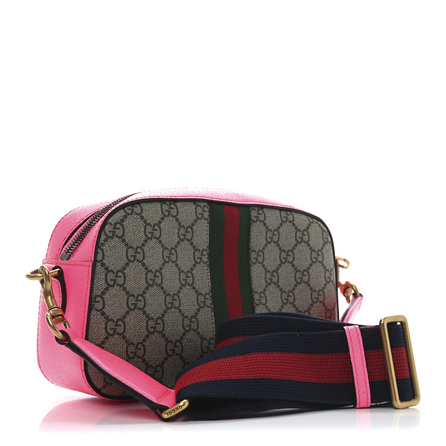 GG Supreme Monogram Textured Dollar Calfskin Web Ophidia Small Crossbody Bag Beige Ebony Fuchsia