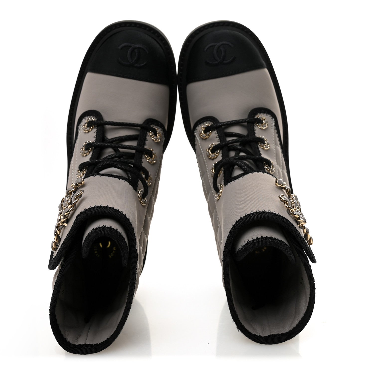 Chanel Fabric Grosgrain Quilted Cap Toe Lace Up Combat Boots 36 Gray 5 of 10