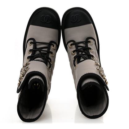 Chanel Fabric Grosgrain Quilted Cap Toe Lace Up Combat Boots 36 Gray 5 of 10
