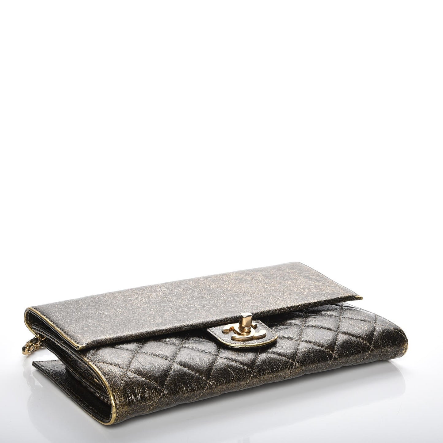 Cracked Metallic Calfskin Quilted Zip Away Chain Clutch Gold