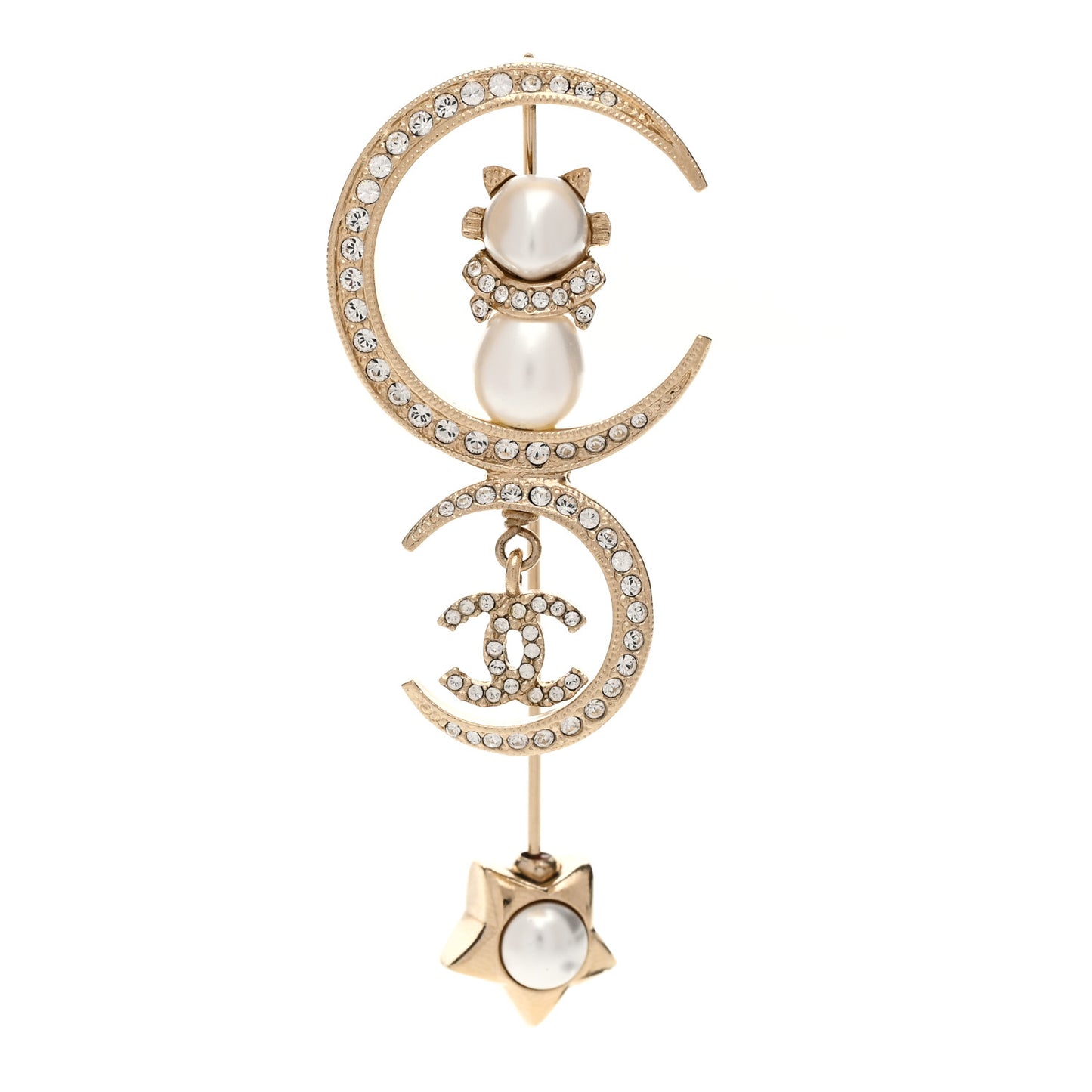 Pearl Crystal CC Drop Cat Moon Brooch Gold